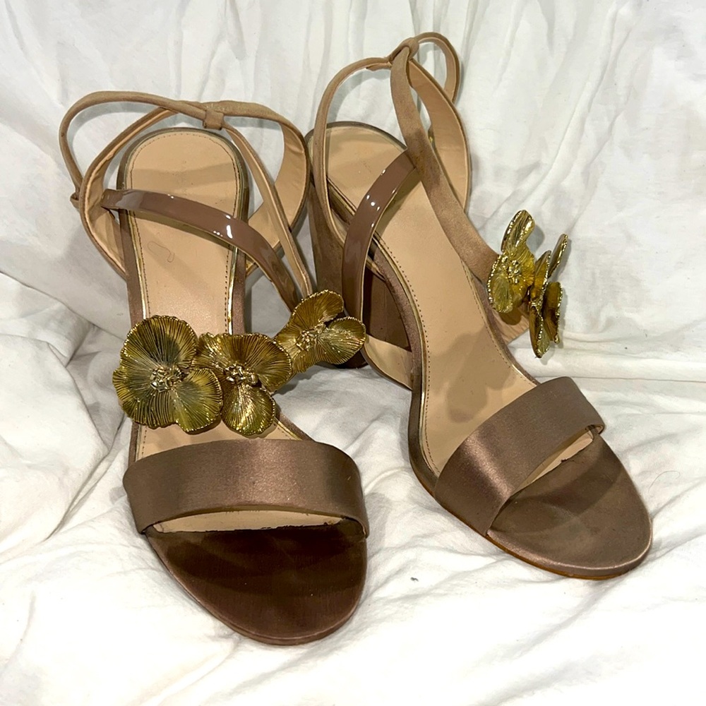 Zara Gold Flower Embellished Satin Heels